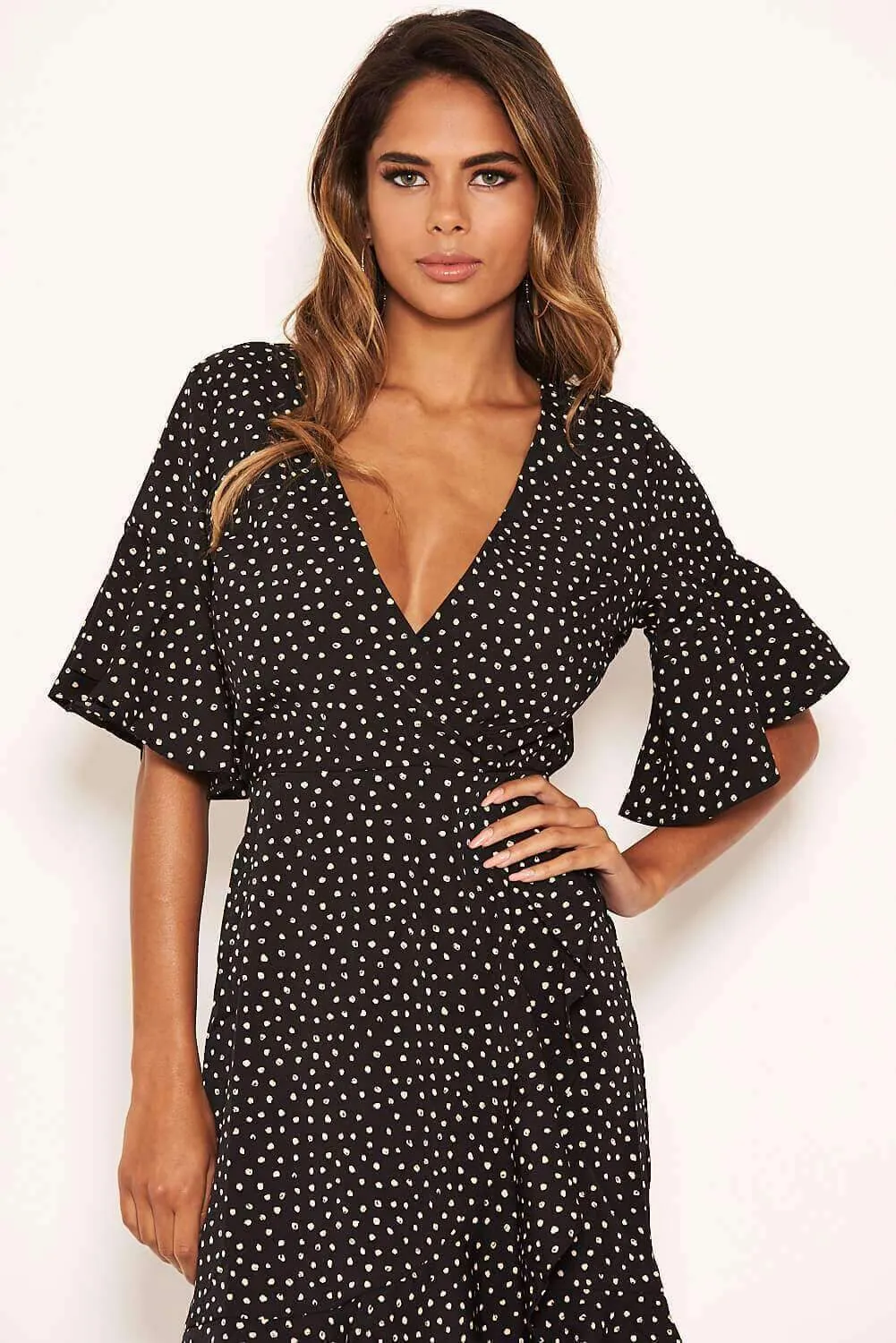 Black Spotty Wrap Frill Dress