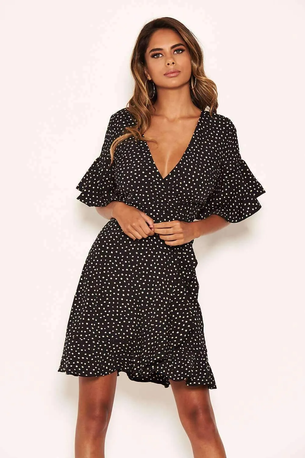 Black Spotty Wrap Frill Dress