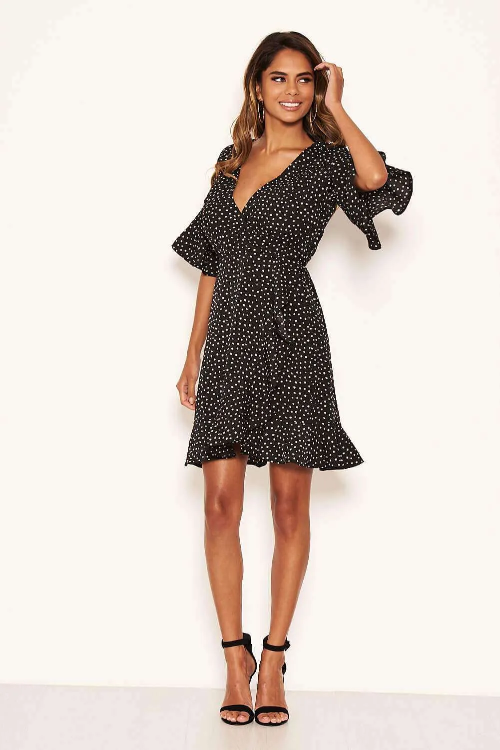 Black Spotty Wrap Frill Dress