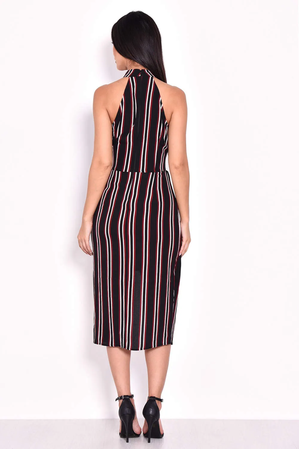 Black Striped Cut In Neck Dress