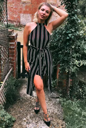 Black Striped Cut In Neck Dress