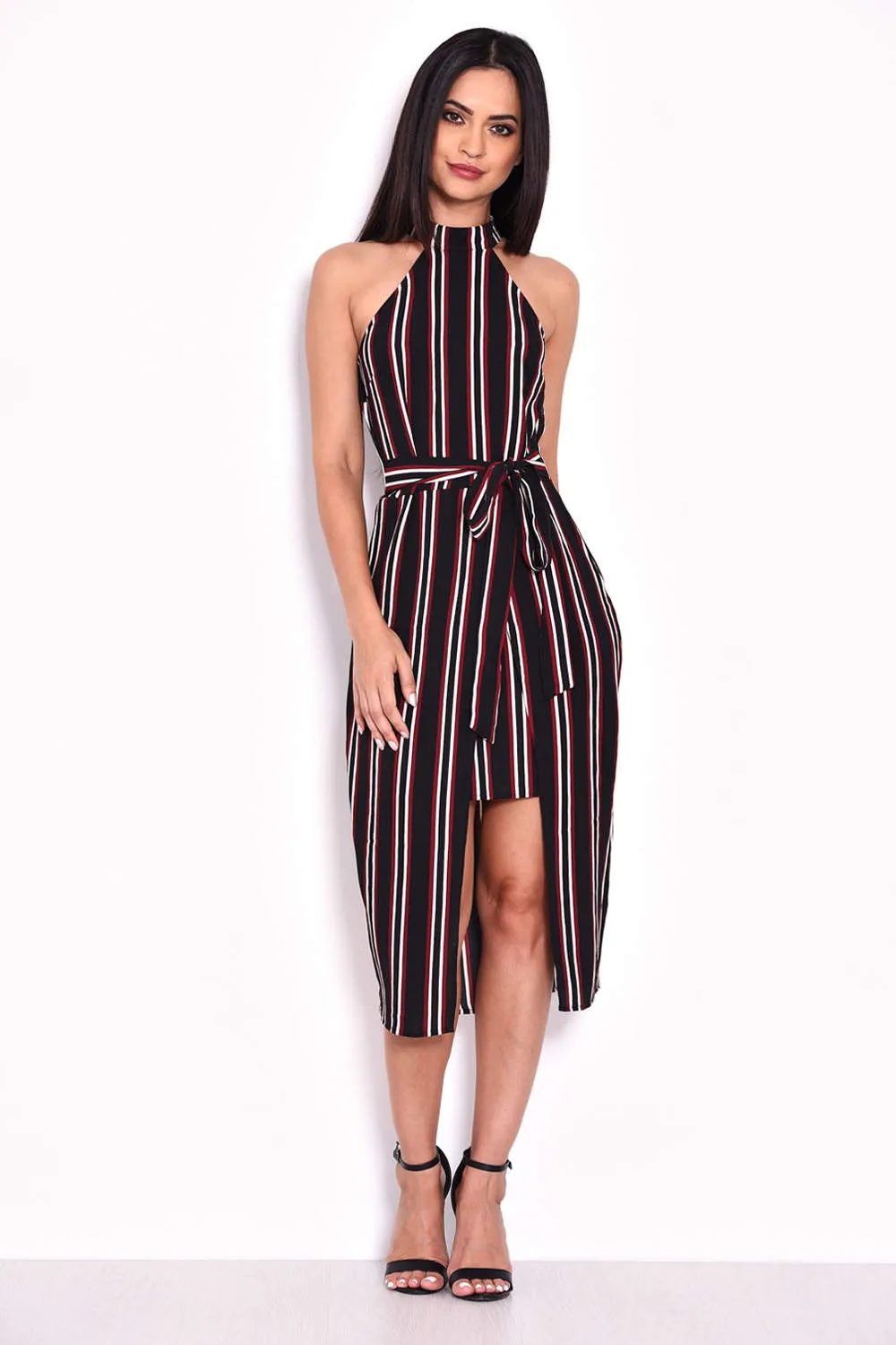 Black Striped Cut In Neck Dress