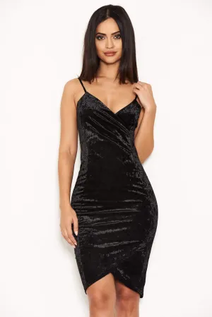 Black Velvet Wrap Front Bodycon Dress