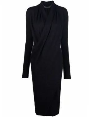 Black Wrap Front Monili Neck Midi Dress