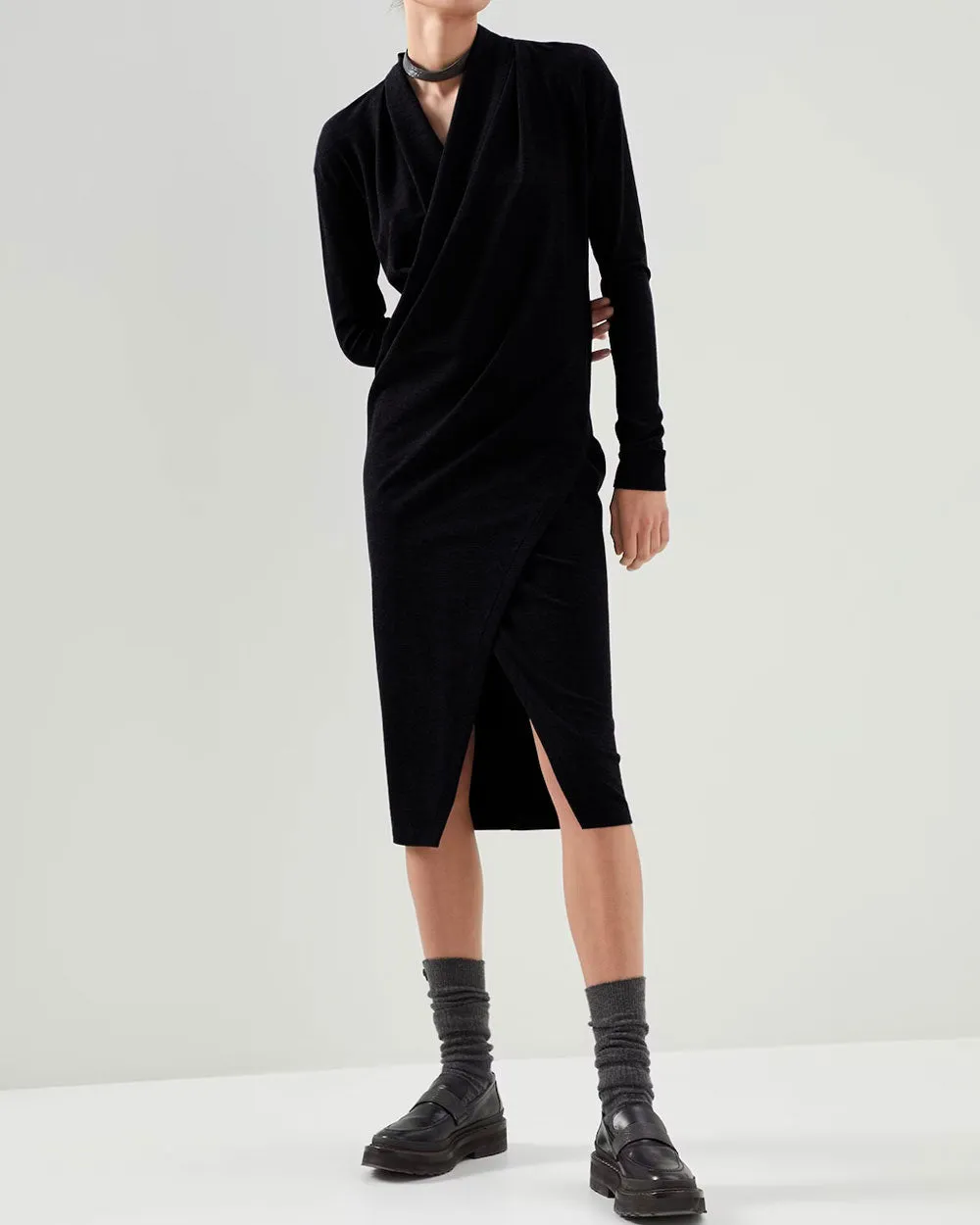 Black Wrap Front Monili Neck Midi Dress