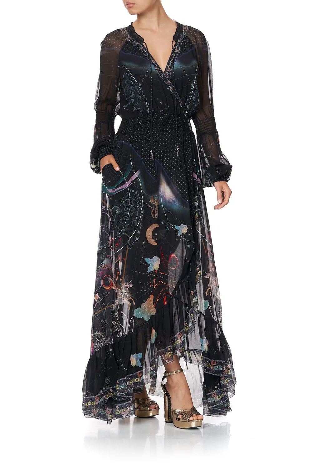 BLOUSON SLEEVE WRAP DRESS MIDNIGHT MOON HOUSE