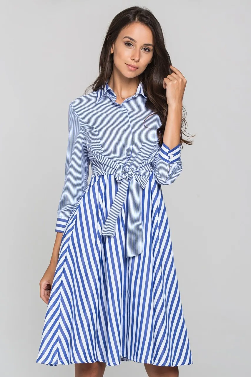 Blue Chalk and Candy Stripe Panel Wrap Midi Dress