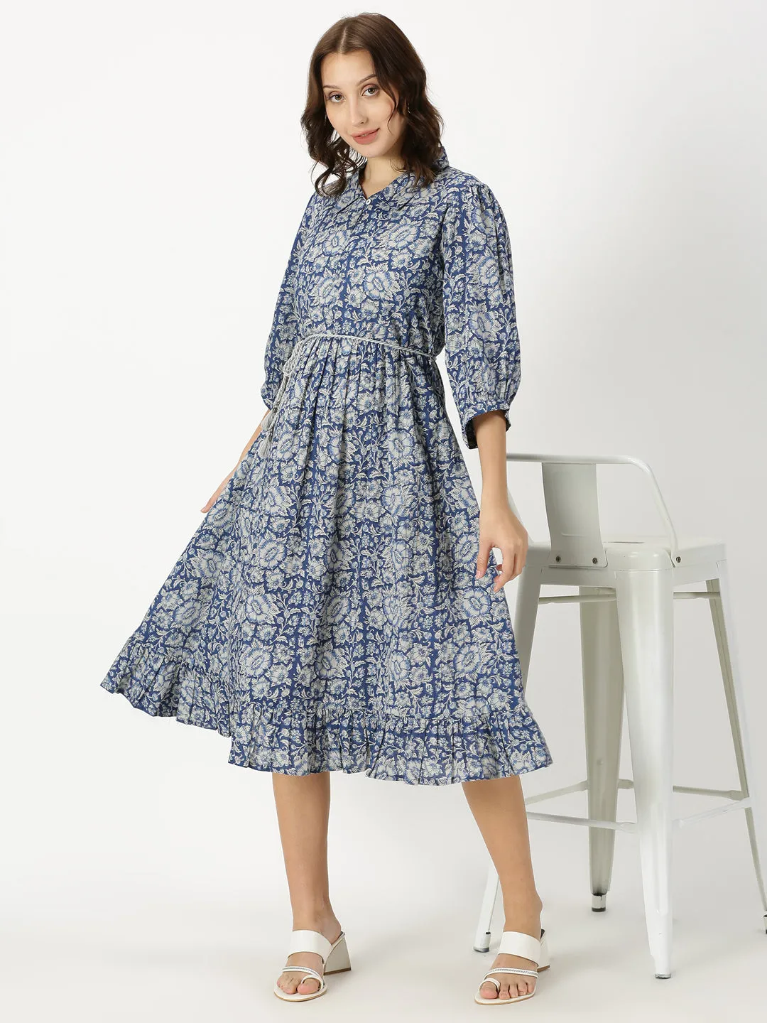 Blue Floral Print Boho Midi Dress with Belt