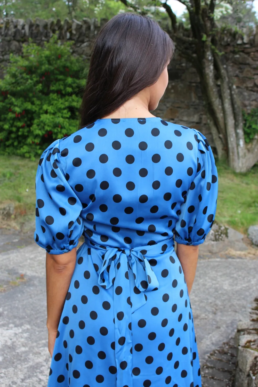 Blue Polka Dot Midi Wrap Dress