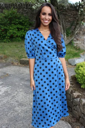 Blue Polka Dot Midi Wrap Dress