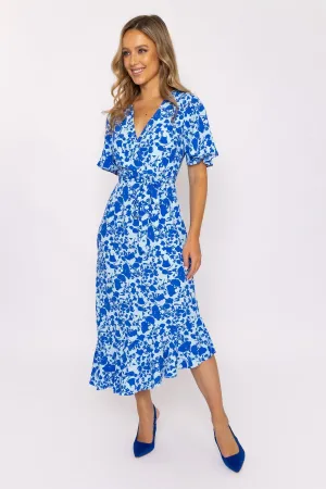 Blue Ruffle Wrap Midi Dress