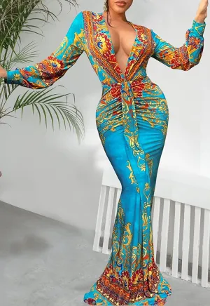 Bohemian Floral V Neck Wrap Long Sleeve Maxi Dress