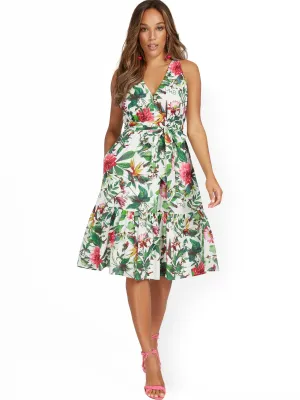 Botanical-Print Tier V-Neck Dress