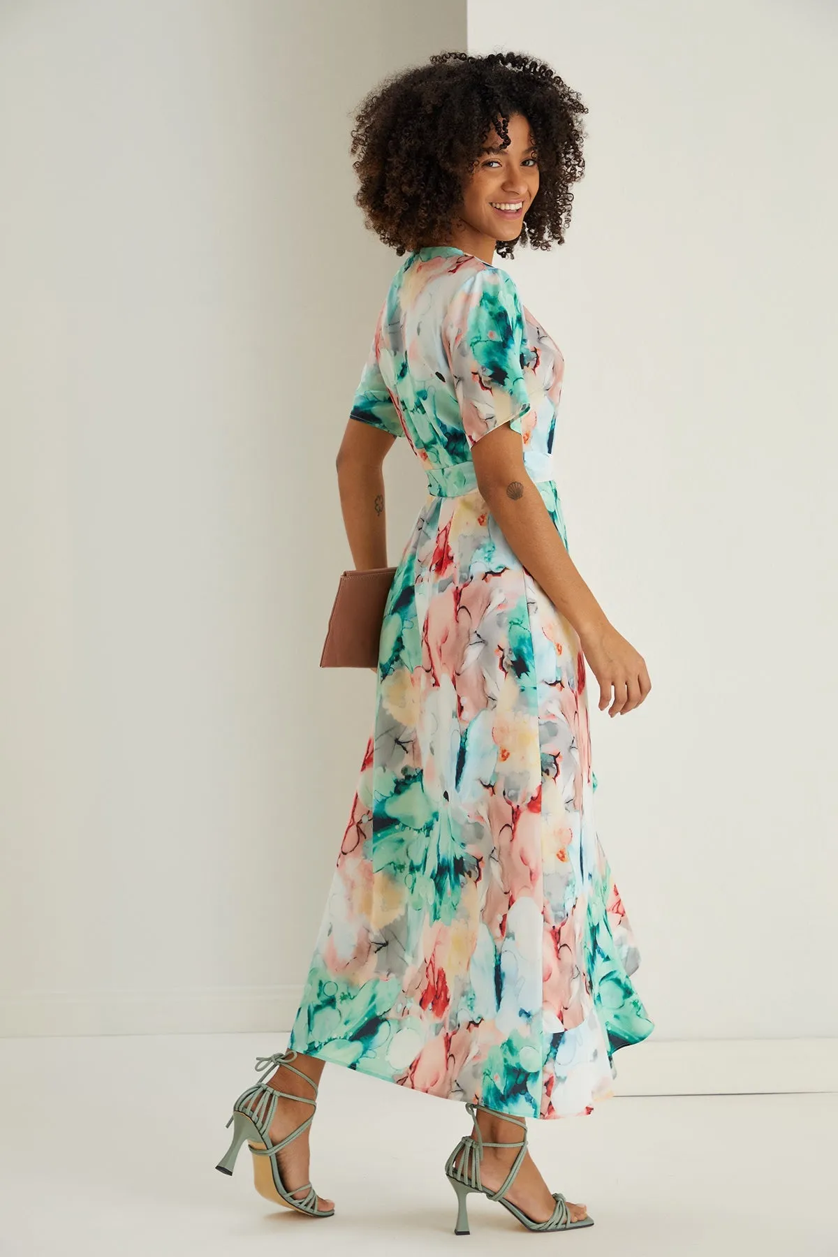 Breeze Ruffle Hem Midi Dress in Floral Green