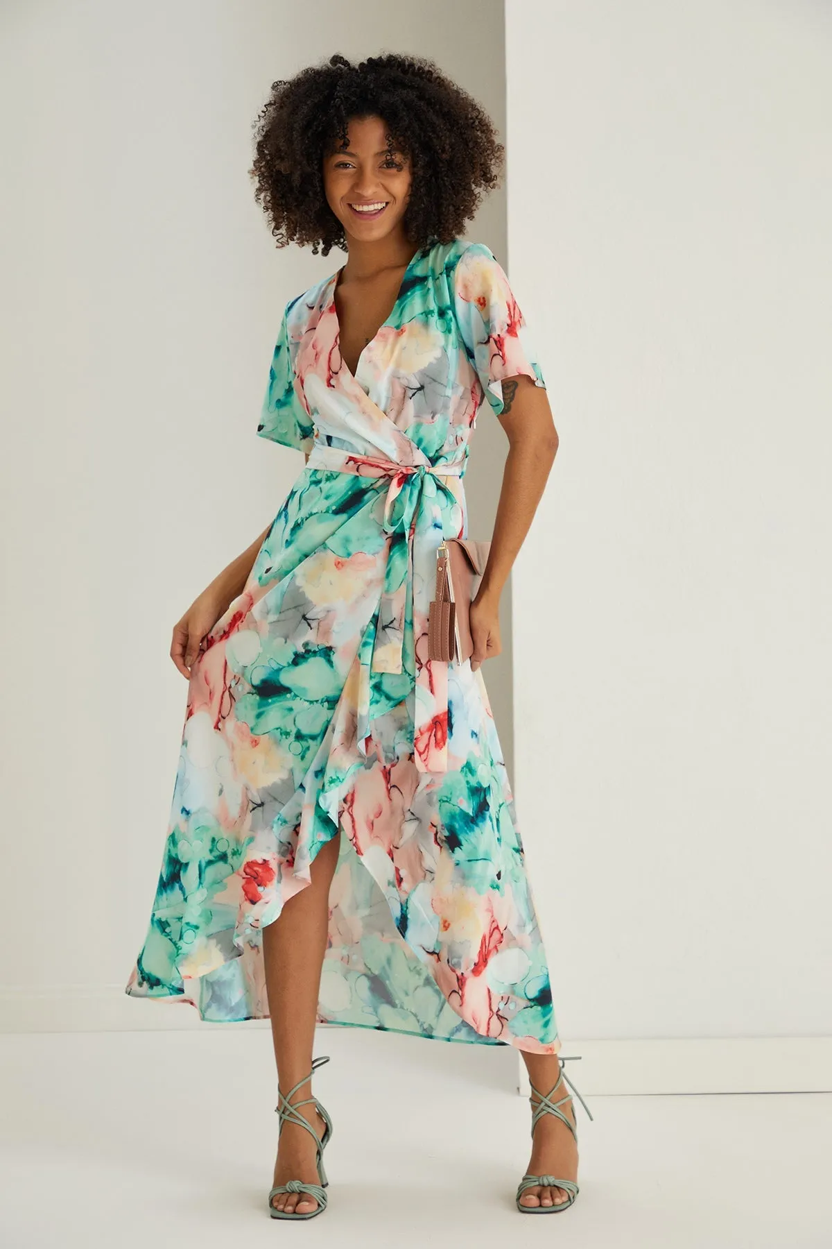 Breeze Ruffle Hem Midi Dress in Floral Green