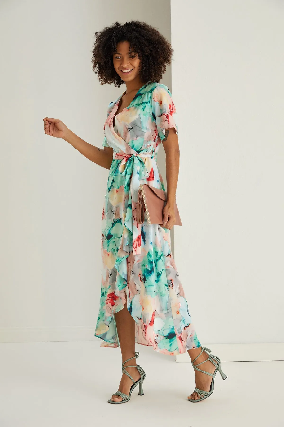 Breeze Ruffle Hem Midi Dress in Floral Green