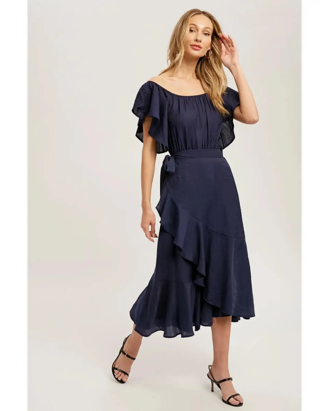 Brooklyn - Flounce Wrap Off The Shoulder Dress Navy