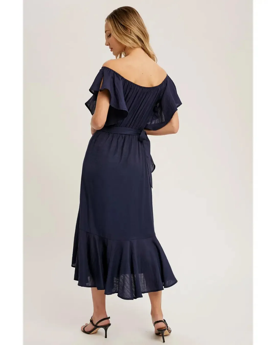 Brooklyn - Flounce Wrap Off The Shoulder Dress Navy