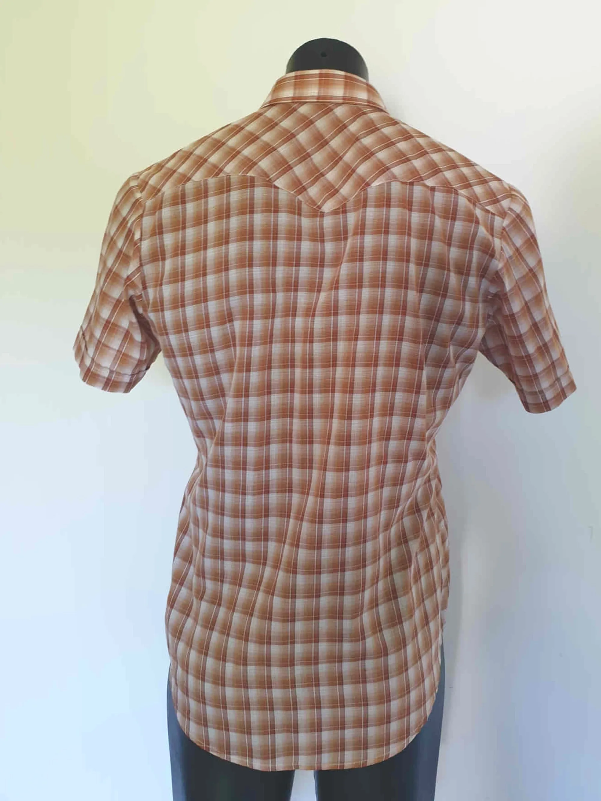 Brown Checked Western Style Shirt With Pearl Press Studs by Ambassador - M