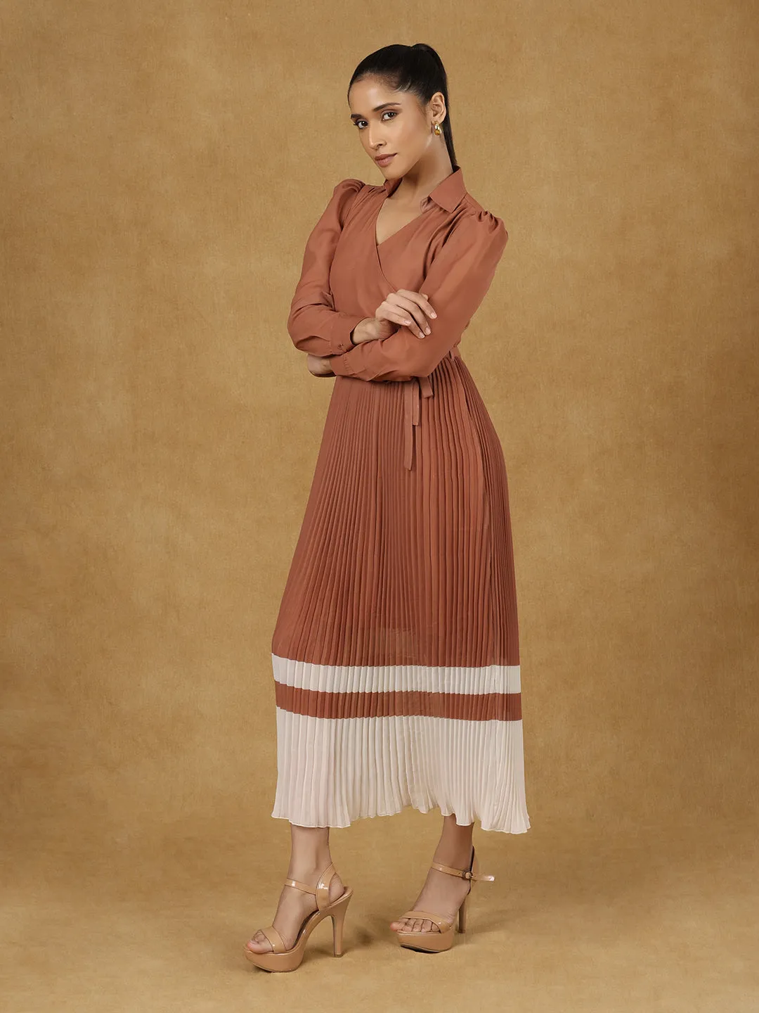 Brown Wrap Pleated Dress