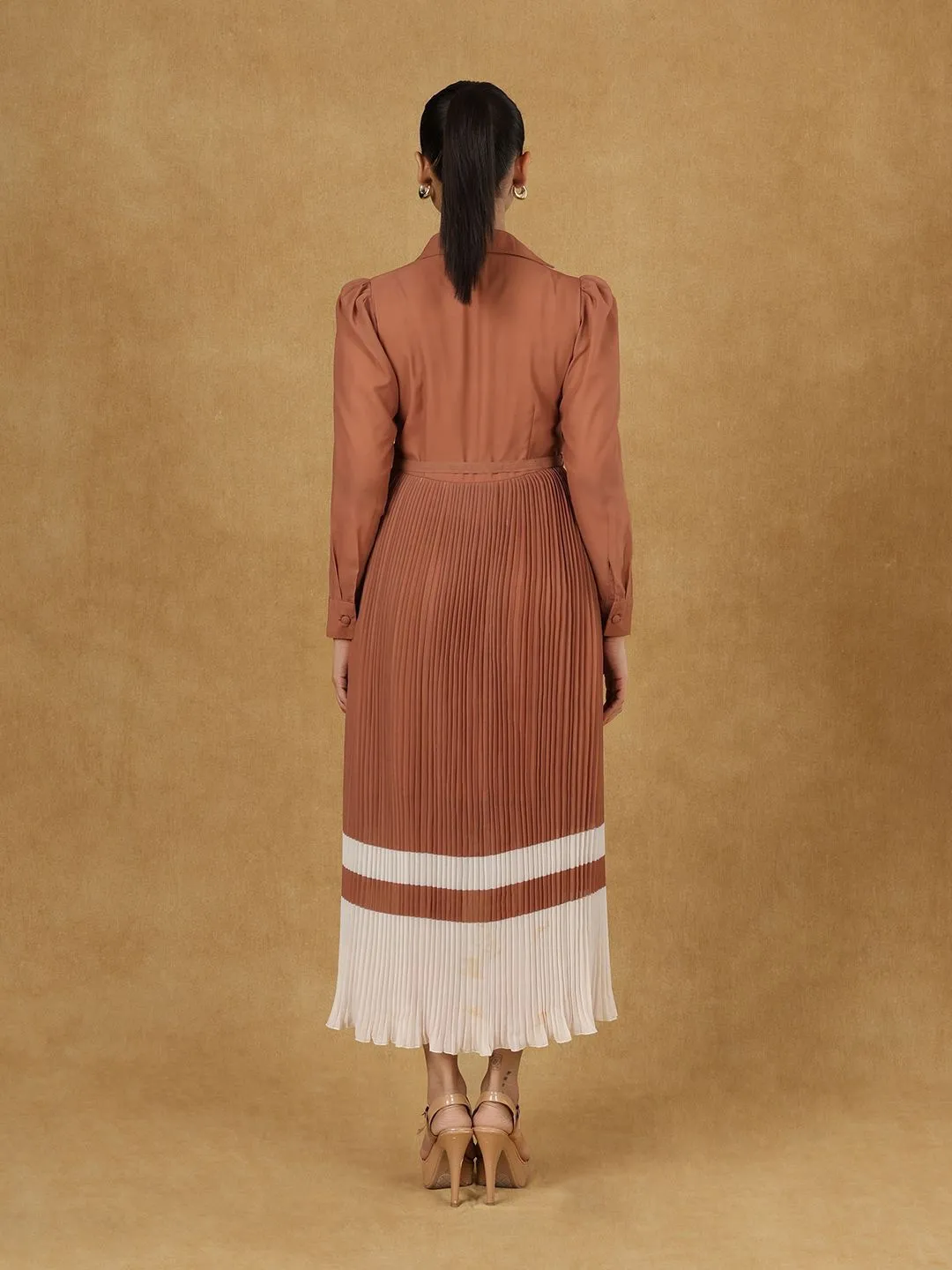 Brown Wrap Pleated Dress