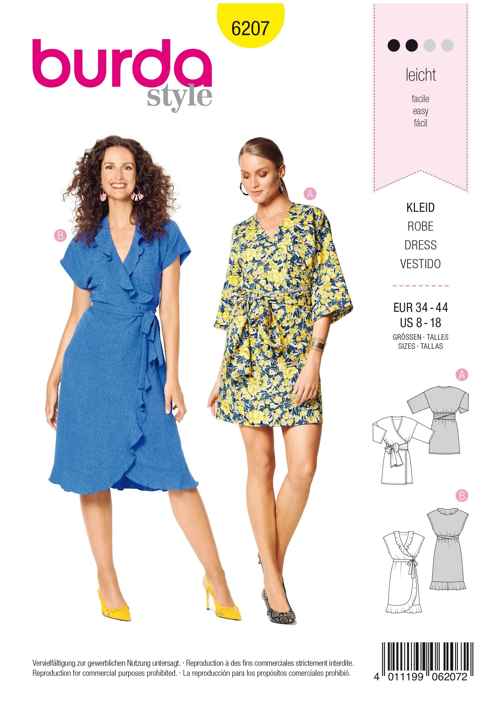 Burda Pattern 6207  Wrap Dress with Tie Bands – 
Hem and Neckline Flounces