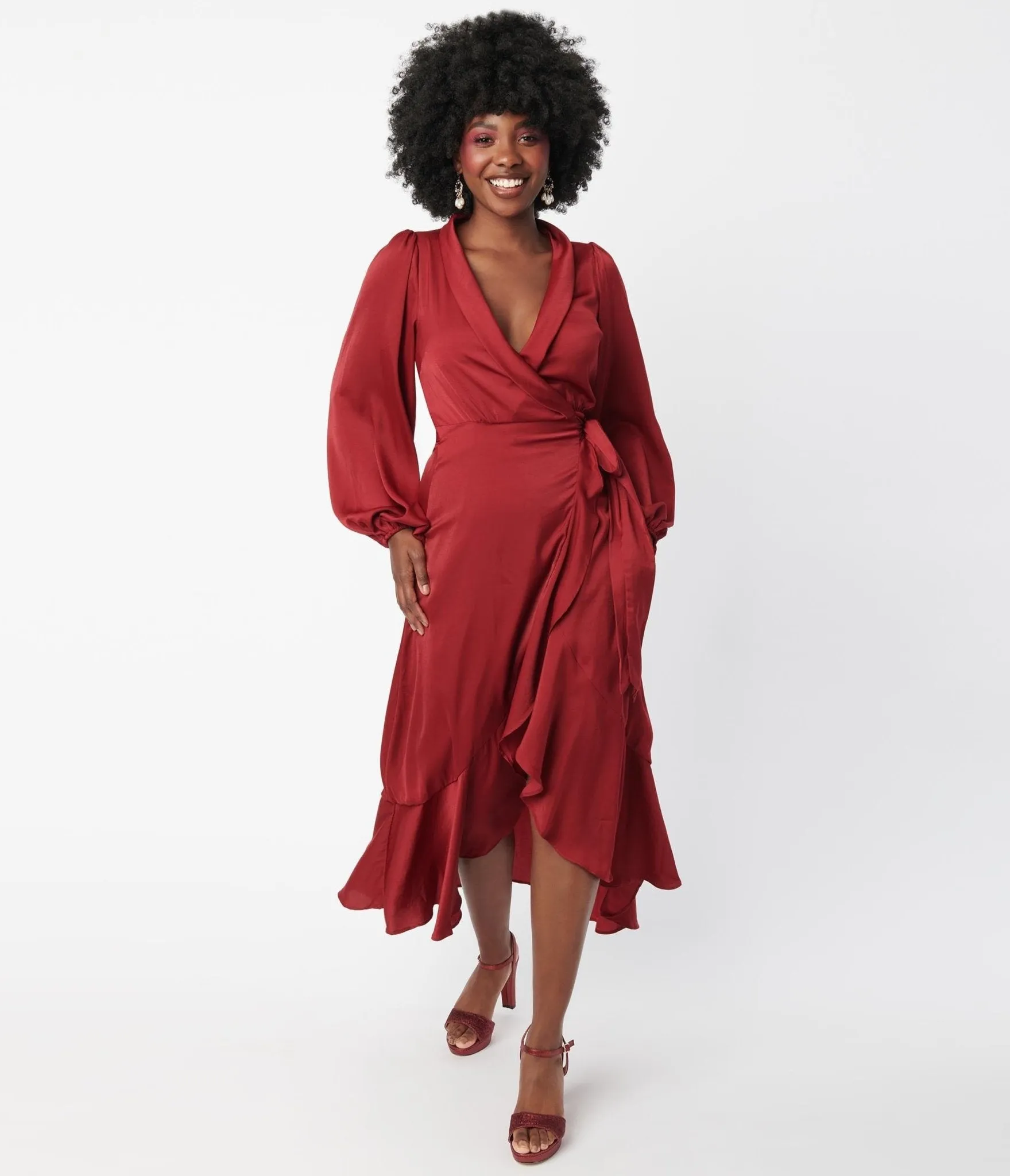 Burgundy Ruffle Midi Wrap Dress