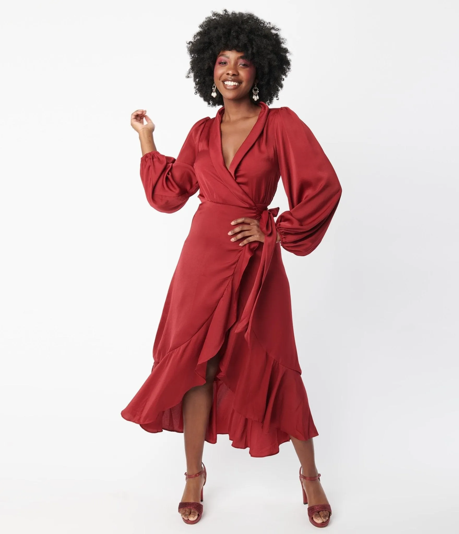 Burgundy Ruffle Midi Wrap Dress