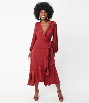 Burgundy Ruffle Midi Wrap Dress