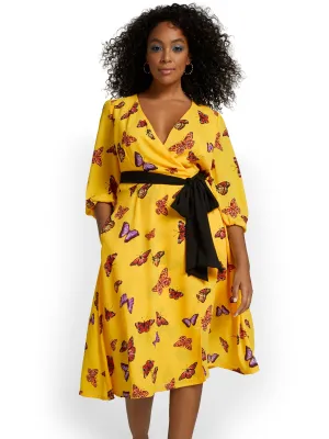 Butterfly-Print V-Neck Wrap Dress