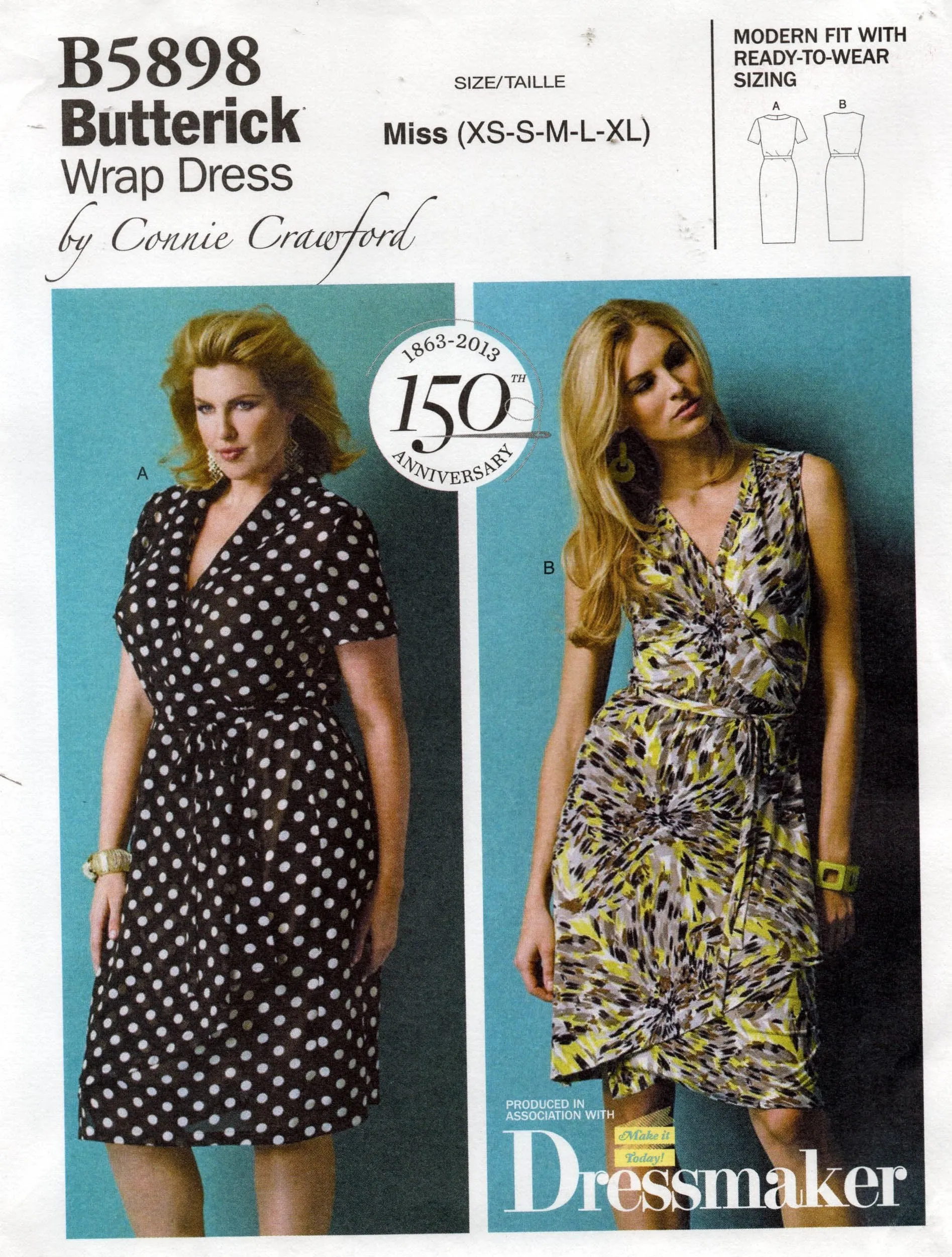 Butterick B5898 Womens CONNIE CRAWFORD Wrap Dress Out Of Print Sewing Pattern Size XS - XL UNCUT Factory Folded