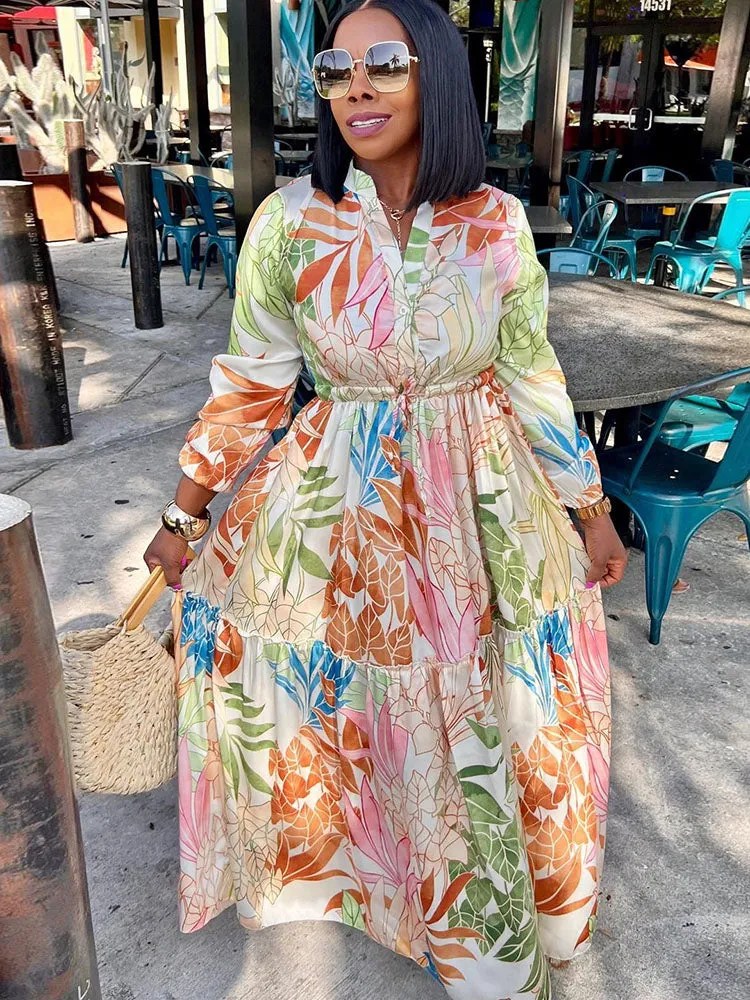 Buttoned Drawstring Long Sleeve Printed Maxi Dress