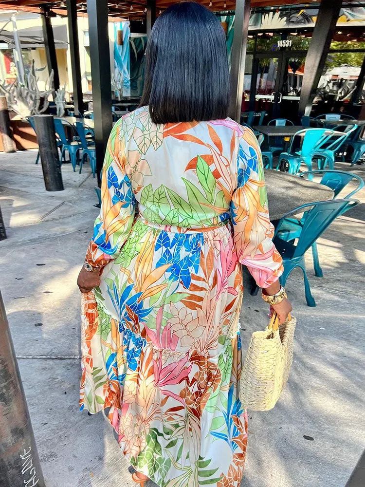 Buttoned Drawstring Long Sleeve Printed Maxi Dress