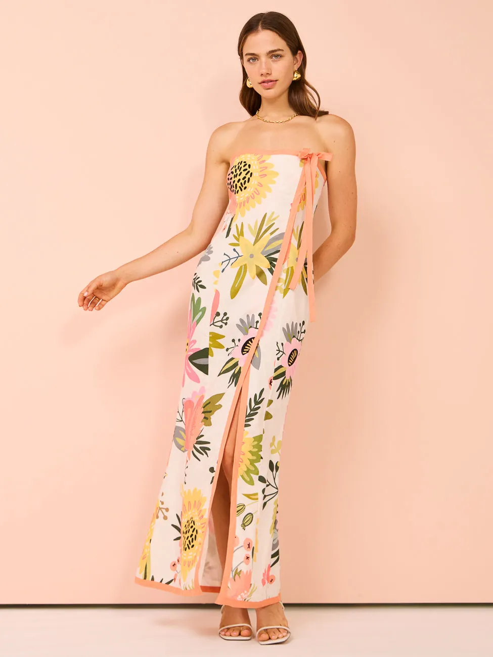 By Nicola Claudia Strapless Wrap Maxi Dress in Potpourri/Melon