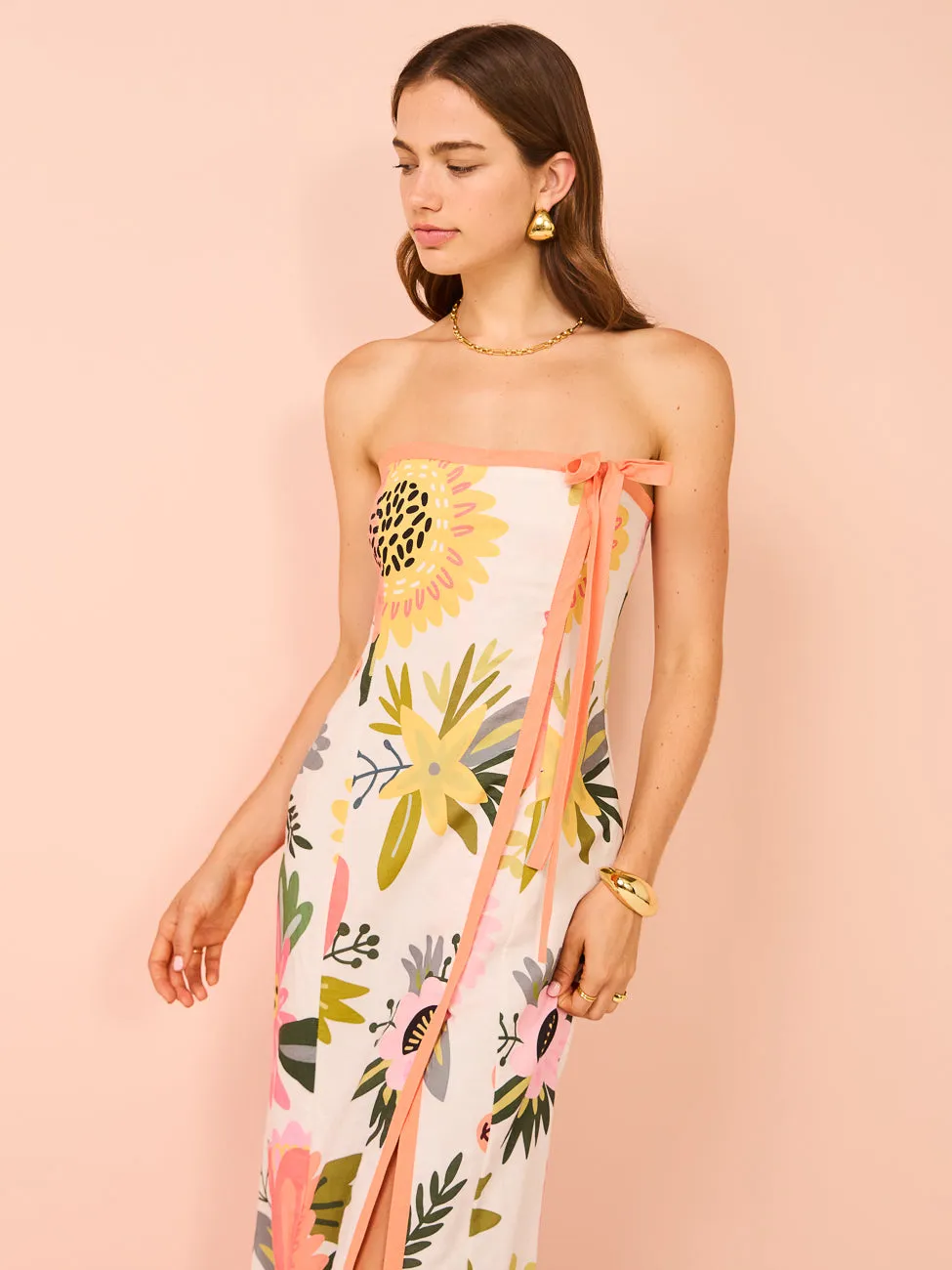 By Nicola Claudia Strapless Wrap Maxi Dress in Potpourri/Melon