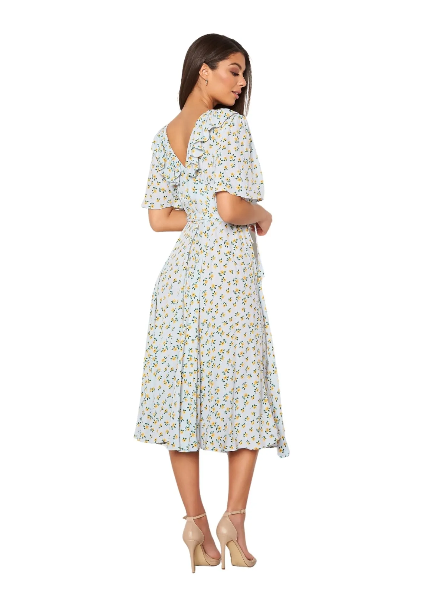 BYTIMO - Wrap Ruffled Flower Print Midi Dress