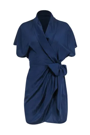 Calypso - Navy Crepe Silk Wrap Dress w/ Tie Sz S