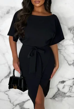 Came Here For Love Black Belted Wrap Front Midi Dress