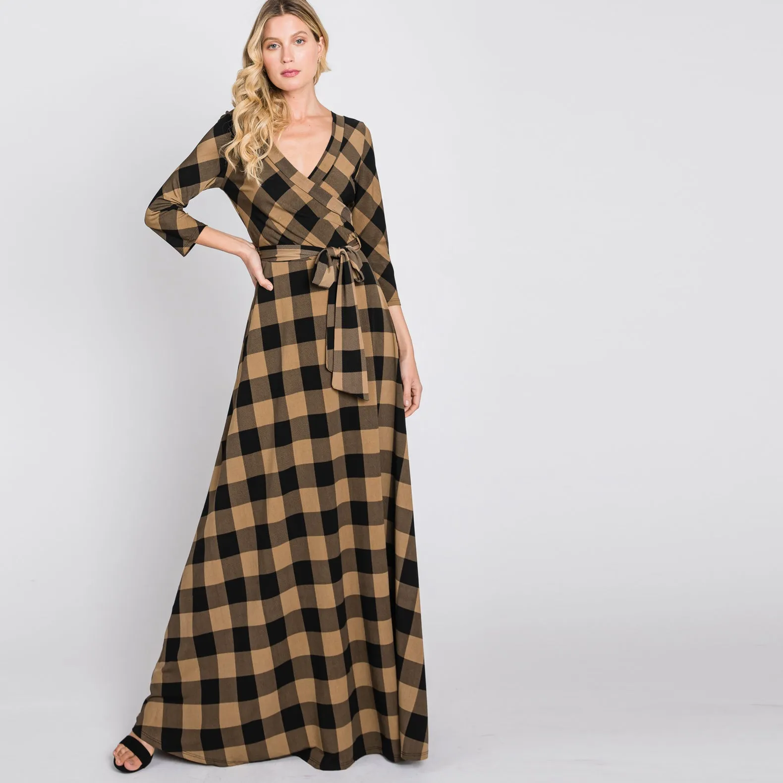 Camel Buffalo Plaid Venechia Maxi Wrap Dress