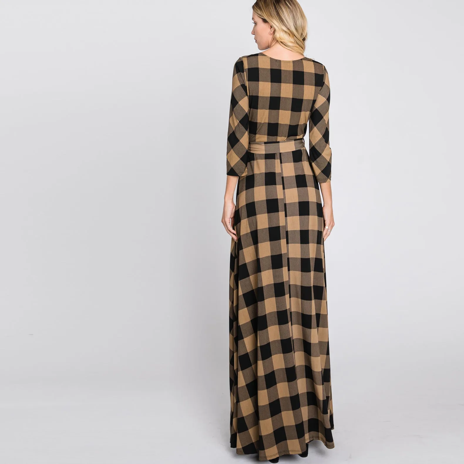 Camel Buffalo Plaid Venechia Maxi Wrap Dress