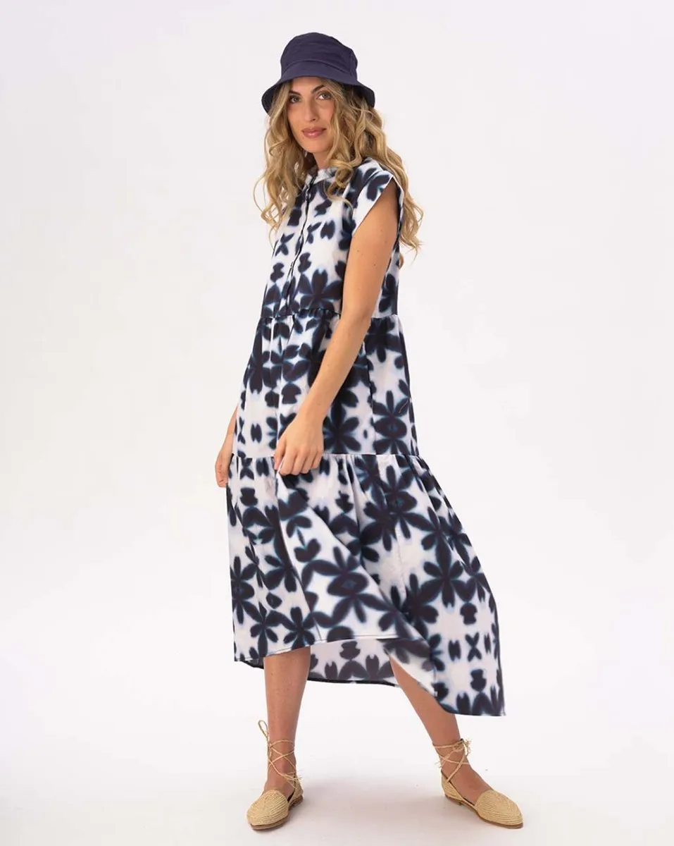 Cap Sleeve Tiered Watercolor Big Floral Cotton Dress