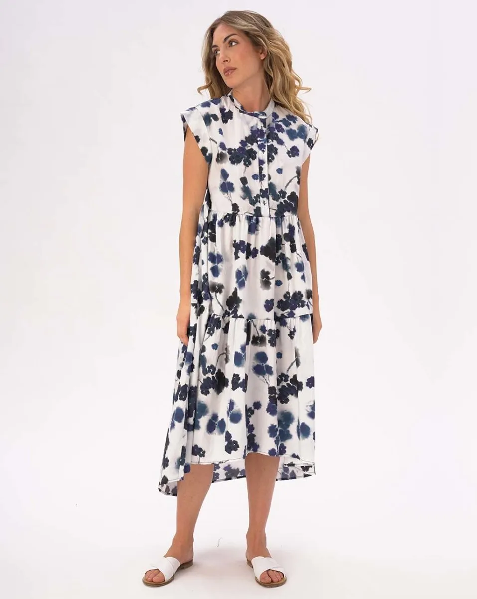 Cap Sleeve Tiered Watercolor Small Floral Cotton Dress