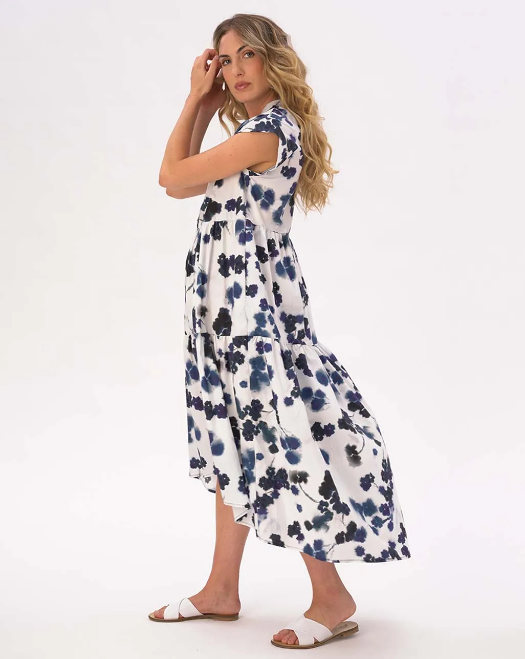 Cap Sleeve Tiered Watercolor Small Floral Cotton Dress