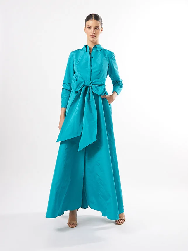 Carla Ruiz 50563: Contemporary Silk Wrap Dress in Teal with Fuchsia and Pistachio Variants