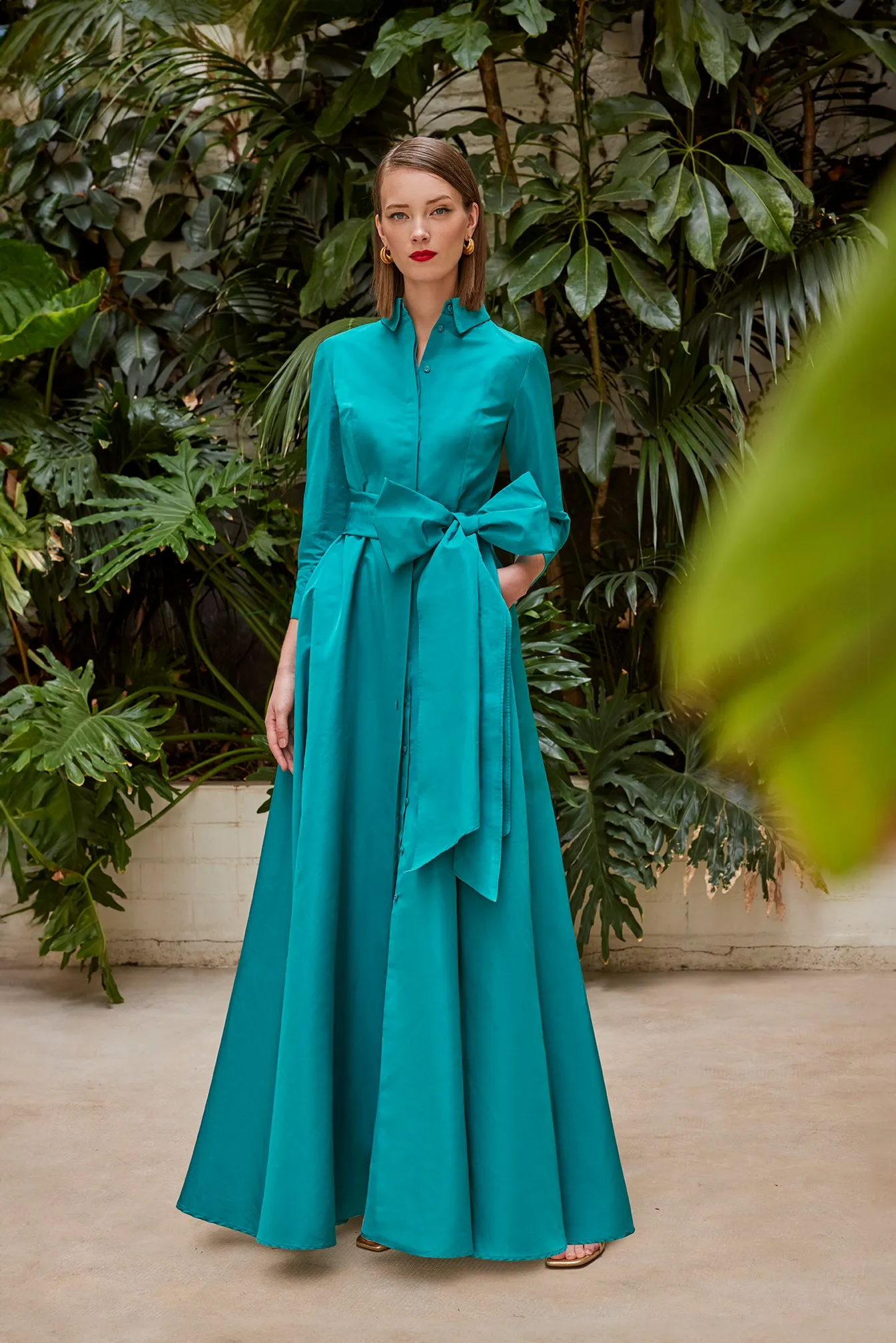 Carla Ruiz 50563: Contemporary Silk Wrap Dress in Teal with Fuchsia and Pistachio Variants