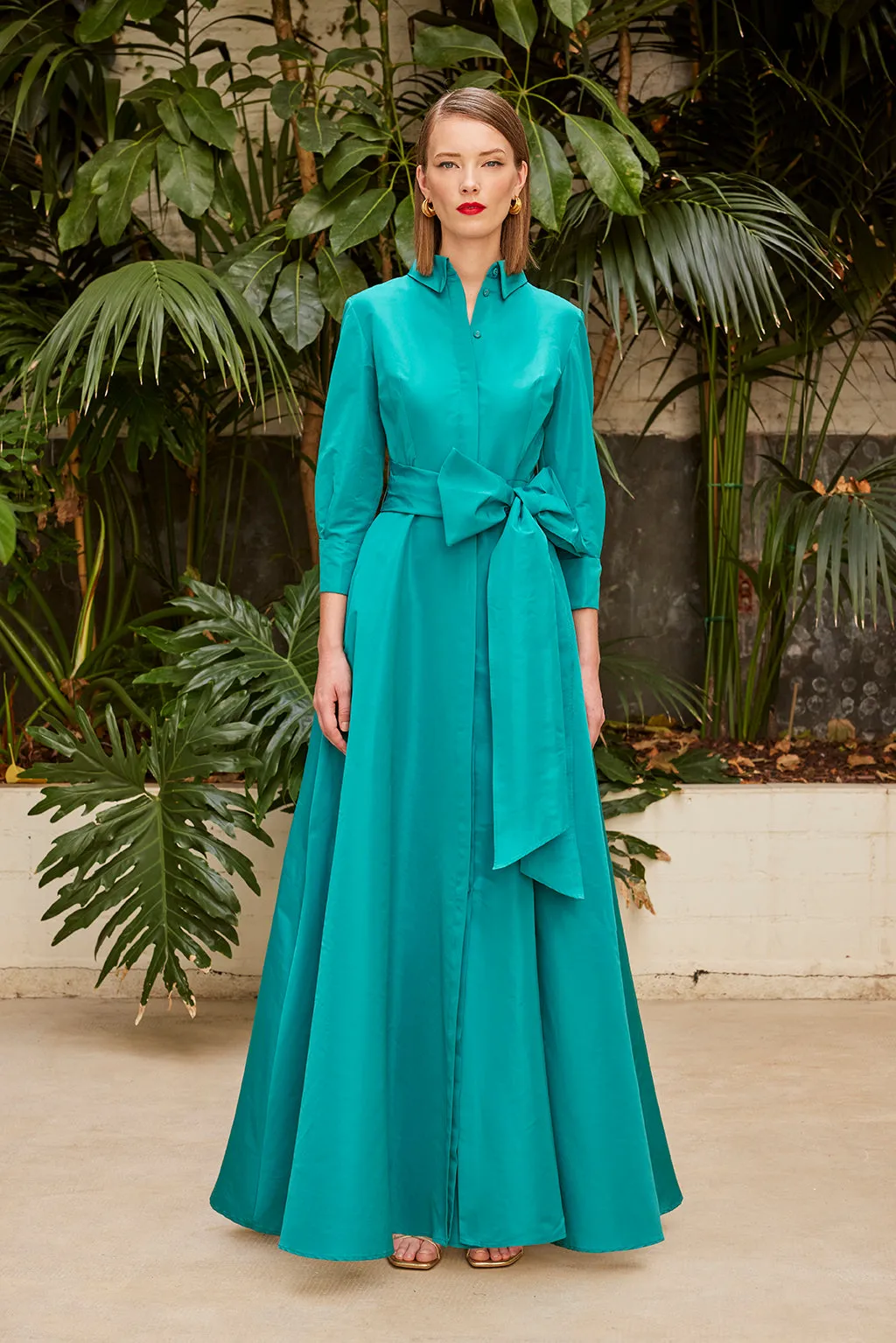 Carla Ruiz 50563: Contemporary Silk Wrap Dress in Teal with Fuchsia and Pistachio Variants