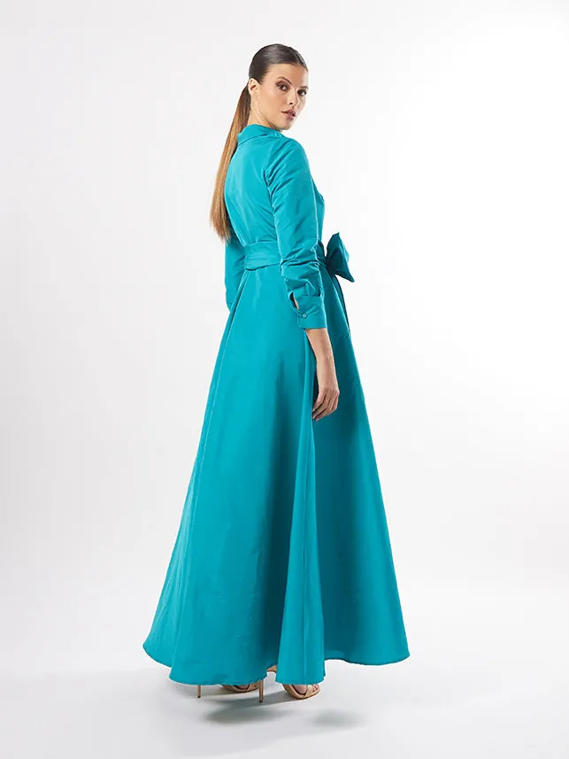 Carla Ruiz 50563: Contemporary Silk Wrap Dress in Teal with Fuchsia and Pistachio Variants