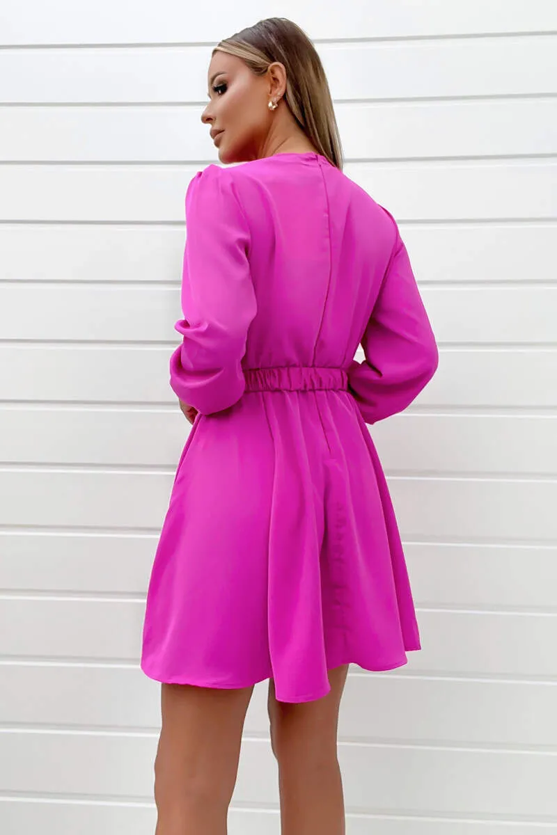 Cerise Wrap Over Belted Skater Dress