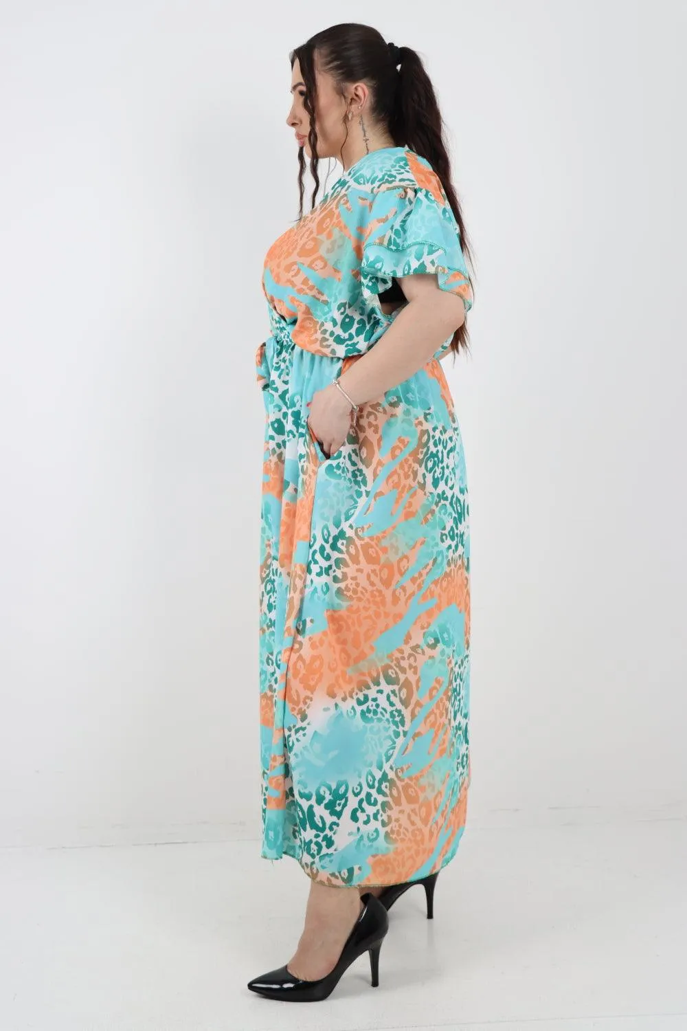 Cheetah Print Wrap Tie Fasten Maxi Dress