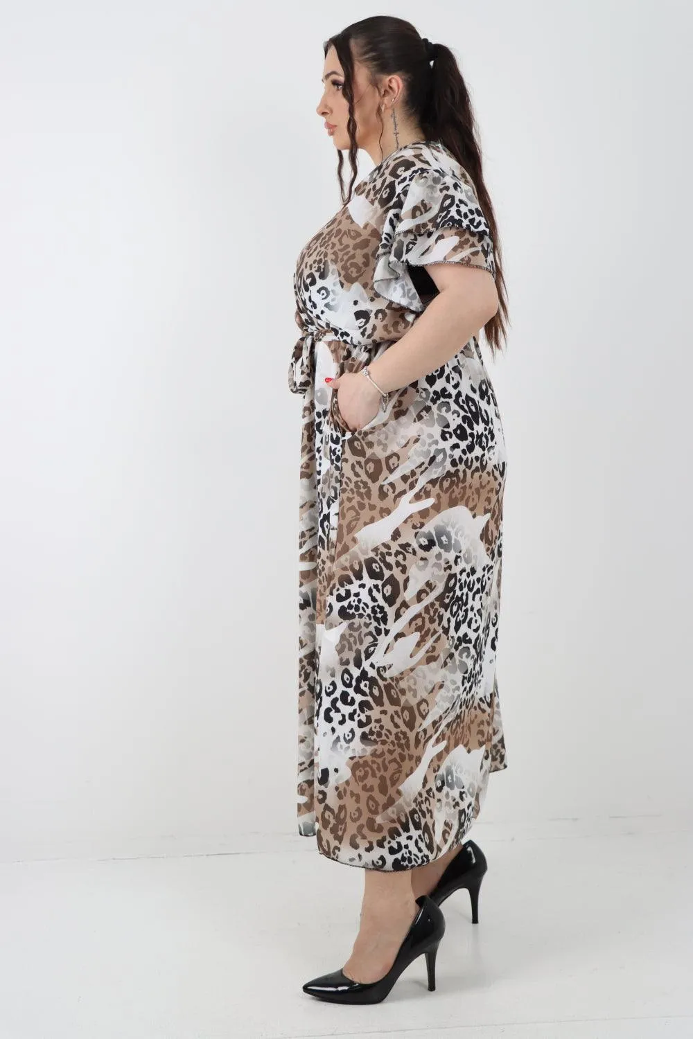 Cheetah Print Wrap Tie Fasten Maxi Dress